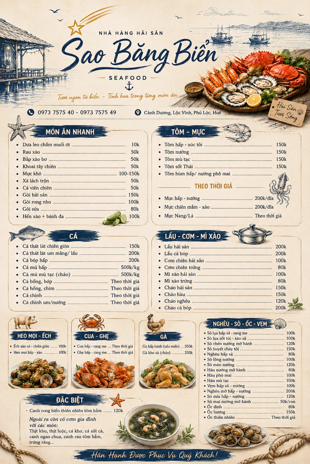 Thực đơn Nhà Hàng Hải Sản Sao Băng
